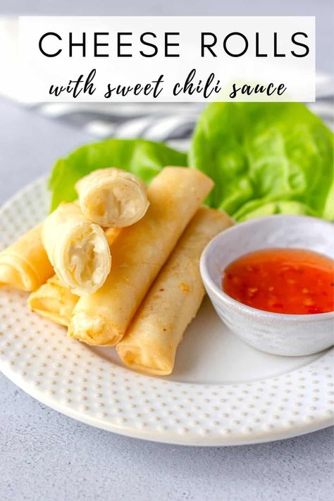 Crispy Cheese Rolls made with spring roll wrappers and filled with cream cheese for an easy yet delicious appetizer. Recipe on ThaiCaliente.com Spring Roll Filling Ideas Cream Cheeses, Thai Cheese Rolls, Spring Roll Wrappers How To Use, Cream Cheese Spring Rolls, Spring Roll Wraps Recipes, Spring Roll Appetizers, Cheese Spring Rolls Recipe, Recipes Using Spring Roll Wrappers, Recipes With Spring Roll Wrappers