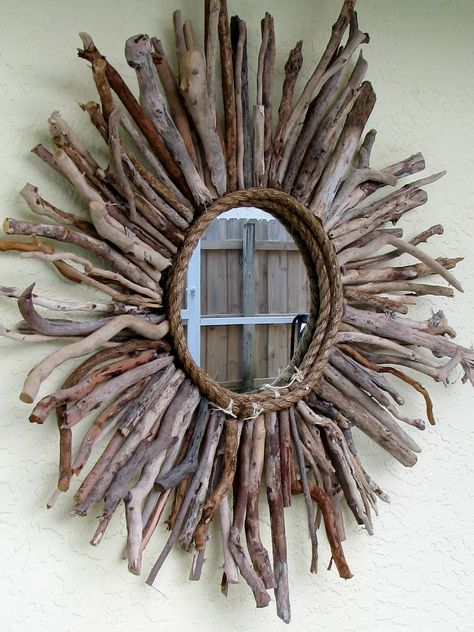 Driftwood Art Mirrors, Driftwood Mirrors, Large Driftwood Mirror, Driftwood And Stained Glass Art, Picture Frames Driftwood, Sea Wood Diy Driftwood Projects, Spiegel Diy, Newspaper Crafts Diy, Twig Crafts