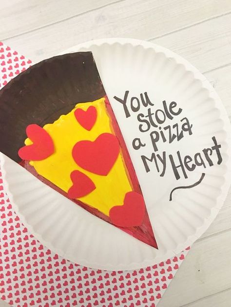 Valentine’s Day Craft, Snack and Gift Inspiration! – At Home With Natalie Valentines Day Pizza, A Pizza My Heart, Quotes Valentines Day, Valentines Bricolage, Pizza My Heart, Paper Plate Crafts For Kids, February Crafts, Valentine Craft, Valentine's Day Crafts For Kids