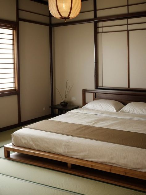 Japanese Loft, Japanese Inspired Bedroom, Authentic Aesthetic, Minimal Traditional, Low Platform Bed, Japanese Bedroom, Bamboo Bed, Zen Gardens, Bamboo Shelf