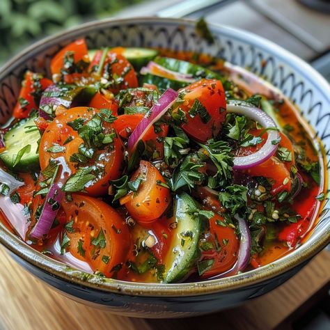 Fresh Tomato and Cucumber Salad Ingredients: 4 large tomatoes, chopped 2 cucumbers, sliced 1 red onion, thinly sliced 1/4 cup fresh parsley, chopped 1/4 cup fresh cilantro, chopped 2 tablespoons fresh mint, chopped 1/4 cup extra-virgin olive oil 2 tablespoons red wine vinegar 1 tablespoon lemon juice 1 garlic clove, minced Salt and freshly ground black pepper to taste Preparation: Preparing the Vegetables: Chop the Tomatoes: Wash the tomatoes thoroughly and chop them into bite-sized pieces. ... Onion Peel, Tomato And Cucumber Salad, Tomato And Cucumber, Salad Recipes Lunch, Corn Salad Recipes, Culinary Techniques, Roasted Root Vegetables, Garlic Clove, Cucumber Tomato