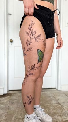 Vines Down Leg Tattoo, Women’s Leg Tats, Flower Vine Tattoos For Women On Leg, Full Side Body Tattoo, Vine Tattoo Around Leg, Leaf Vine Tattoo Leg, Leaves Tattoo On Leg, Wrap Around Vine Leg Tattoo, Thigh Tattoos Wrap Around