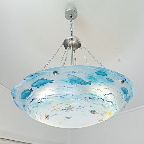 The design of this hand-painted chandelier is sure to be a fantastic addition to your interior. Its artistic and unique appearance will complement the overall aesthetic of the room. Indeed, this original chandelier is not just a source of functional lighting, but a work of art that emphasizes the atmosphere of your room. The unique design and craftsmanship bring an artistic touch to the room.  * Size: The chandelier comes in a standard size with a diameter of 50 cm (19.6 inches). * To ensure the Coastal Lamps, Glass Kitchen Island, Nautical Ceiling Light, Sea Glass Chandelier, Nautical Light, Painted Chandelier, Beach House Lighting, Coastal Lamp, Coastal Chandelier