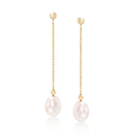 Ross-Simons travels the world to find beautiful, high-quality styles at the best prices. Sleek, chic, and oh-so-unique. Luminous 8-8.5mm cultured freshwater pearls dangle from dainty 1mm cable chains in polished 14kt yellow gold. A glamorous look that's just perfect for date night! Hanging length is 2 1/8". Post/clutch, pearl chain drop earrings. Each Ross-Simons item arrives in a fine jewelry presentation box. Shop Ross-Simons jewelry risk-free as all items include a 30-day, 100% money-back gua Drop Earrings Wedding, Black Agate Ring, Cultured Pearl Ring, Cultured Pearl Bracelet, Pearl Birthstone, Chain Drop Earrings, Sleek Chic, Front Back Earrings, Bridal Earrings Drop