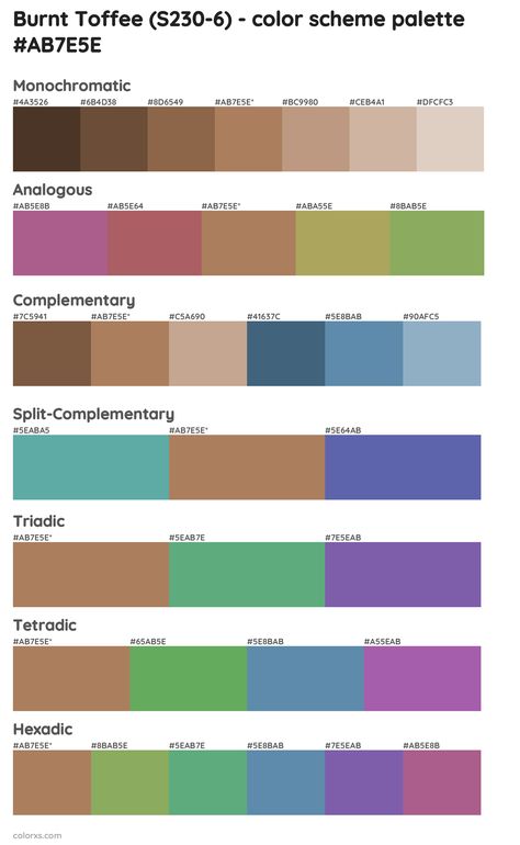 Behr Burnt Toffee (S230-6) Paint coordinating colors and palettes Benjamin Moore Green, Draw A Hexagon, Analogous Color Scheme, Rgb Color Codes, Split Complementary, Split Complementary Colors, Rgb Color Wheel, Monochromatic Color Palette, Behr Paint