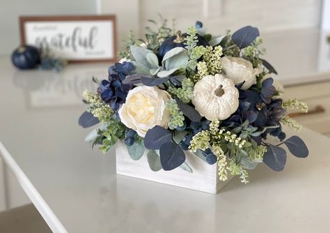 Blue And White Dried Flower Arrangements, Farmhouse With Blue Accents, Blue Fall Centerpiece, Fall Blue And White Decor, Living Rooms With Navy Blue Accents, Blue Pumpkin Centerpiece, Blue And White Fall Tablescape, Blue Fall Floral Arrangements, Fall Decor With Blue Accents