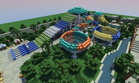 Caribbean Cove [Water Park] Minecraft Project (planetminecraft, 2014) Minecraft Water Park Ideas, Minecraft Waterslide, Minecraft Waterpark Ideas, Minecraft Water Park, Minecraft Waterpark, Minecraft Organization, Minecraft Theme Park, Minecraft Amusement Park, Park Minecraft