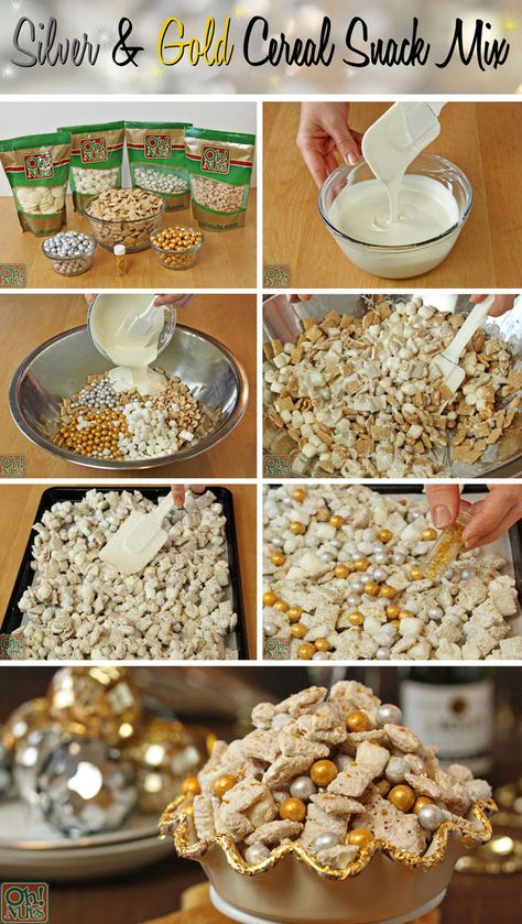 Party Food Idea – Silver and Gold Cereal Snack Mix Gold Rush Party, Prom Food, Party Food Table, Golden Birthday Parties, 50th Wedding Anniversary Party, Cereal Snacks, Party Snack Food, 50th Anniversary Party, Great Gatsby Party