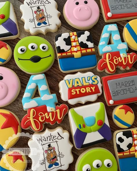 Toy Story cookies for Val’s 4th birthday! . #toystorycookies #toystory #toystorybirthday #toystoryparty #partyideas #mrpotatohead… Toy Story Birthday Cake, Toy Story Cookies, 4de Verjaardag, Toy Story Party Decorations, Toy Story Baby, Disney Cookies, Toy Story Theme, Toy Story Cakes, Toy Story Birthday Party