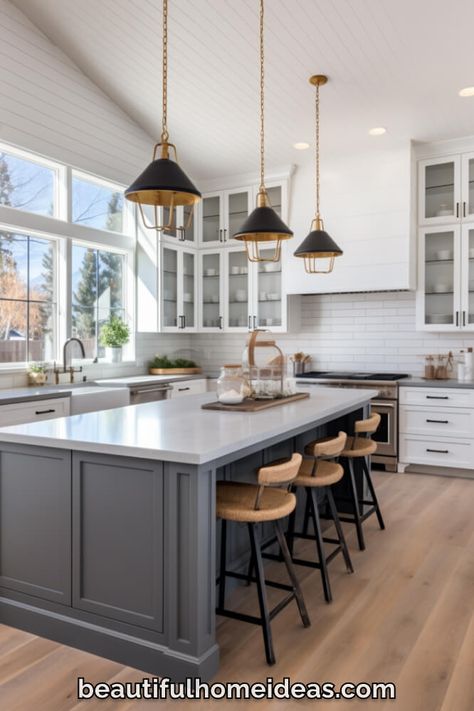 24 Beautiful Gray Modern Farmhouse Kitchen Ideas Combining Function & Design - Beautiful Home Ideas Dark Gray Farmhouse, Dark Gray Cabinets, Modern Farmhouse Kitchen Ideas, Gold Pendant Lights, Farmhouse Island, White Worktop, Light Gray Cabinets, Grey Kitchen Island, Dark Grey Kitchen