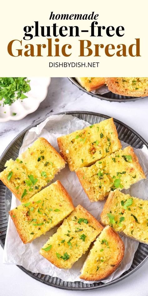 Crispy gluten-free garlic bread that's flavorful and tasty, perfect for dipping in soups, enjoying as an appetizer, or as a savory side. Totally dairy-free and vegan too! Go make a batch to enjoy today! Garlic Bread Vegan, Garlic Bread From Scratch, Gluten Free Garlic Bread, Vegan Garlic Bread, Gluten Free Baguette, Schar Gluten Free, Homemade Garlic Butter, Gluten Free Yeast Free, Homemade Garlic Bread