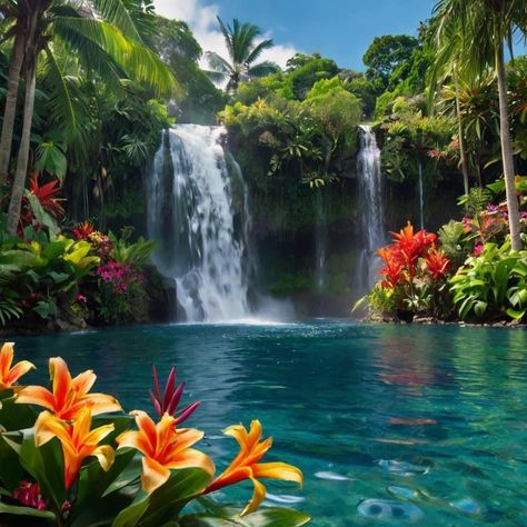 Man Made Waterfalls, Black Sand Beach Hawaii, Tropical Waterfall, Magical Decor, Peaceful Environment, Natural Pond, Hawaii Life, Dream Pools, Beautiful Landscape Wallpaper