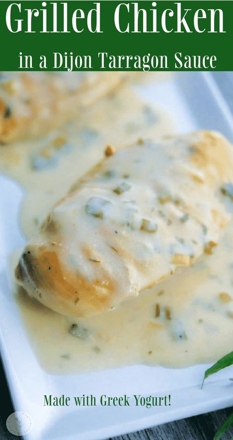 Grilled chicken topped with a low fat sauce made with nonfat Greek yogurt, Dijon mustard, chicken broth and fresh tarragon. Dijon Mustard Chicken, Tarragon Chicken, Dijon Chicken, New Chicken Recipes, Yogurt Chicken, Nonfat Greek Yogurt, Mustard Chicken, Sauce For Chicken, Chicken Cutlets