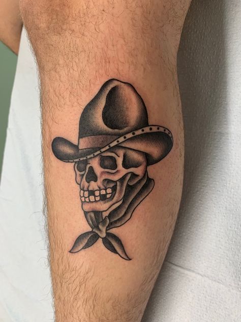 Men Tattoo Ideas American Traditional, American Traditional Cowboy Skull Tattoo, Texas Tattoo For Men Ideas, Cowboy Skeleton Tattoo Traditional, Skeleton Patchwork Tattoo, Cowboy Patchwork Tattoo, American Traditional Skeleton Tattoo, Cowboy Skull Tattoo Traditional, Trad Skull Tattoo