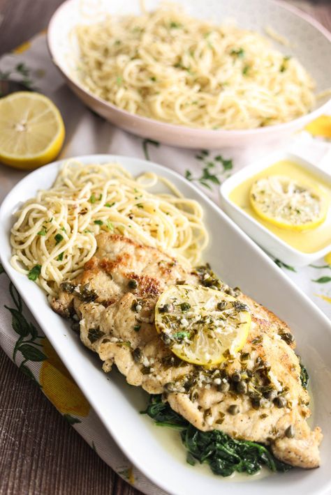 Maggiano's Chicken Piccata features tender chicken breasts sautéed to perfection, topped with a zesty lemon butter sauce. It's served over a side of pasta, offering a delicious balance of tangy and savory flavors. Chicken Breast With Pasta, Broccolini Pasta, Pasta Lemon, Flake Recipes, Shrimp Fettuccine Alfredo, Lemon Chicken Piccata, Breaded Chicken Cutlets, Dessert Restaurants, Italian Dinner Recipes