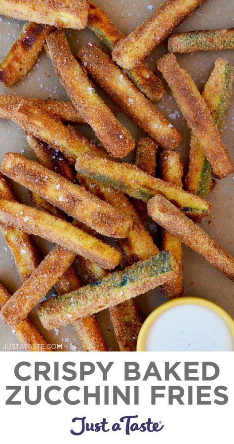 Crispy Baked Zucchini Fries are a healthier alternative to French fries (and a great way to sneak veggies onto kids’ plates!) but still satisfy that craving for hot, salty, crunchy snacks. These healthy snacks also air fryer-friendly! justataste.com #zucchinifries #bakedzucchinifries #healthysnacks #zucchinifriesairfryer #airfryerrecipes #healthysnacksforkids #justatasterecipes Sneak Veggies Into Food, Salty Healthy Snacks, Salty Crunchy Snacks, Zucchini Oven, Baked Zucchini Fries, Garden Zucchini, Cucumber Dip, Crunchy Snacks, Oven Fries