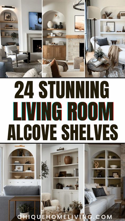 Shelves In Alcove Living Room, Fireplace Alcove Ideas, Alcove Decor, Living Room Alcove, Alcove Ideas Living Room, Alcove Ideas, Alcove Shelves, Alcove Shelving, Floating Corner Shelves