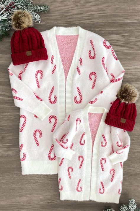 Mom & Me - Cozy Candy Cane Cardigan | Sparkle In Pink Family Christmas Outfits, Mommy Daughter Outfits, Sparkle In Pink, Sweater Skirt Set, Family Pajama Sets, Kids Christmas Outfits, Matching Sweaters, Holiday Tops, Mommy And Me Outfits