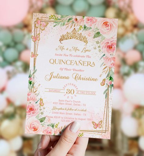 Pink Gold Quinceanera Invitation, Mis Quince, Blush Pink Floral Roses, Butterfly, 15th Birthday, 16th Birthday, gold, crown, pink butterflies, foliage, elegant, sage blush Gold Quinceanera, Rose Gold Quinceanera, Sage Blush, Roses Butterfly, Pink Quince, Quince Invitations, Crown Pink, Quinceanera Invitation, Quinceanera Dresses Pink