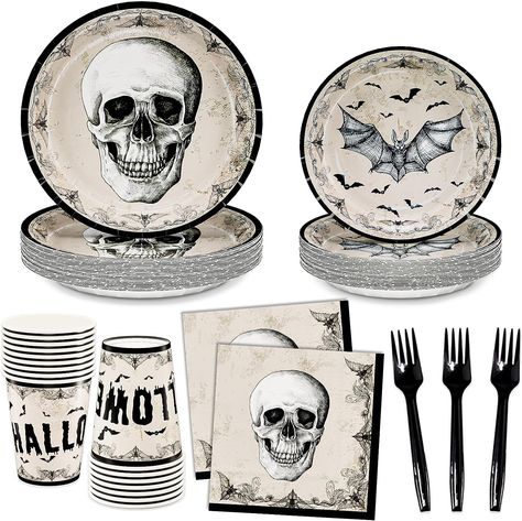 Halloween Party Supplies Kit, Halloween Skull Bats Disposable Tableware, Includes Dinner Plates, Dessert Plates Napkins Cups Forks, Halloween Birthday Party Decorations Kids Adults, Serve 24 Halloween Themed Movies, Halloween Birthday Party Decorations, Party Cutlery, Halloween Birthday Party, Halloween Supplies, Purple Halloween, Halloween Party Supplies, Birthday Halloween Party, Kids Party Decorations