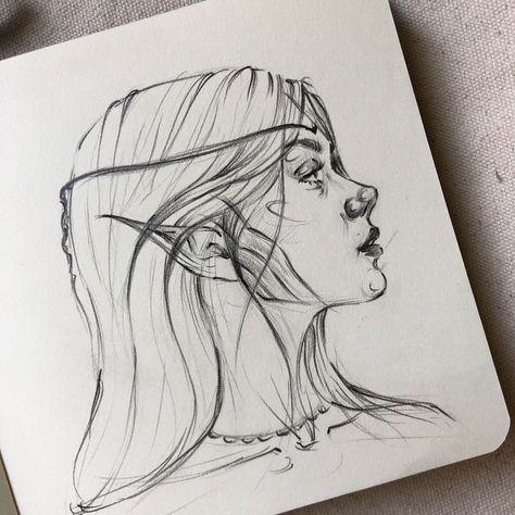 Elizemeh Sketch, Fantasy Artist Drawing, Fantasy Aesthetic Drawing, Elf Sketch Female, Elven Drawings, Elf Drawings Female, Elf Art Sketch, Elf Drawing Reference, Fantasy Sketches Pencil