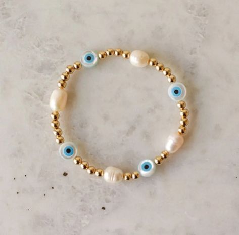 Elastic Bracelets, Eye Bracelet, Natural Pearl, Name Bracelet, Elastic Bracelet, Cute Bracelets, Pearl Shell, Evil Eye Bracelet, Handmade Gold