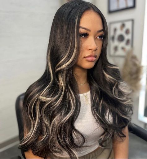 All Black Hair With Blonde Streak, Black Balayage Blonde Highlights, Black Hair With Ombre Highlights, Dark Black With Highlights, Black Hair With Tape In Highlights, Jet Black Hair With 613 Highlights, Streaking Cap Highlights Hair Colors, Volume Lash Extensions With Purple, Graduation Hair Color Ideas