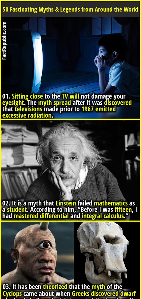 01. Sitting close to the TV will not damage your eyesight. The myth spread after it was discovered that televisions made prior to 1967 emitted excessive radiation. Crazy History Facts, Did You Know Facts Mind Blown, Integral Calculus, Creepy History, Fun Facts Mind Blown, Ancient Discoveries, Facts About Humans, Cool Facts, Fact Republic