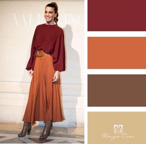 Rust Clothing Color Combos, Orange Skirt Outfit Ideas, Rust Outfit Color Combos, Warm Color Outfits, Colour Combinations Clothes, Deep Autumn Color Palette, Soft Autumn Color Palette, Look Boho Chic, Colour Combinations Fashion