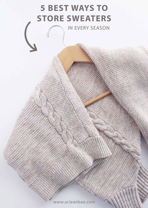 THE BEST WAY TO STORE SWEATERS Fold Sweater On Hanger, How To Fold A Sweater Over A Hanger, How To Hang A Sweater On A Hanger, How To Organize Sweaters In Closet, Fold Bulky Sweaters, How To Fold Sweaters, Hang Sweaters, Store Sweaters, Folding Tips