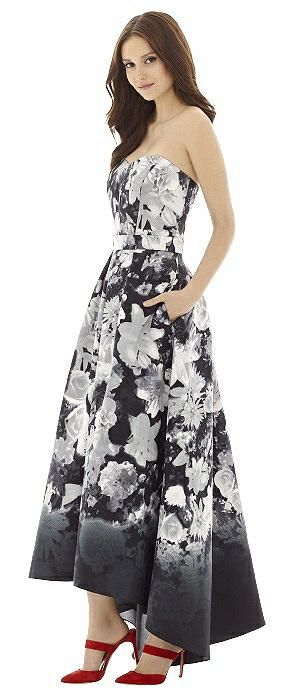 Alfred Sung Style D699FP Hi Low Bridesmaid Dresses, Alfred Sung Bridesmaid Dresses, Floral Print Gowns, Circle Skirt Dress, Alfred Sung, Printed Gowns, Bridesmaid Dress Sizes, Hi Low Dresses, Sweetheart Dress