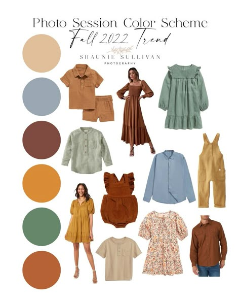 Fall 2022 Outfit Color Trends Rustic Color Dress Outfit, Fall Outfit Palette, Fall Family Color Scheme, Fall Photo Color Scheme, Fall Photoshoot Color Scheme, Fall Color Family Picture Outfits, Autumn Photoshoot Outfits, Fall Family Photos Color Scheme, Fall Picture Outfits