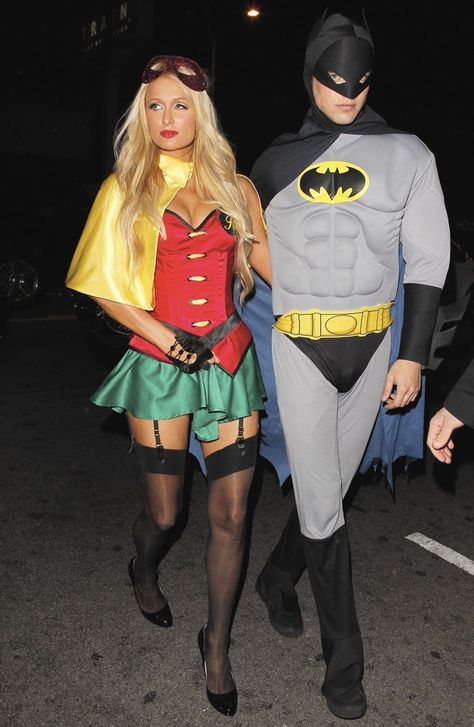 Pin for Later: 55+ Celebrity Couples Halloween Costumes Paris Hilton and River Viiperi as Robin and Batman Batman And Robin Couple Costume, Batman And Robin Costumes, Celebrity Couple Costumes, Batman Halloween, Cute Couples Costumes, Couples Halloween Costumes, Robin Costume, Halloween Mode, Best Celebrity Halloween Costumes