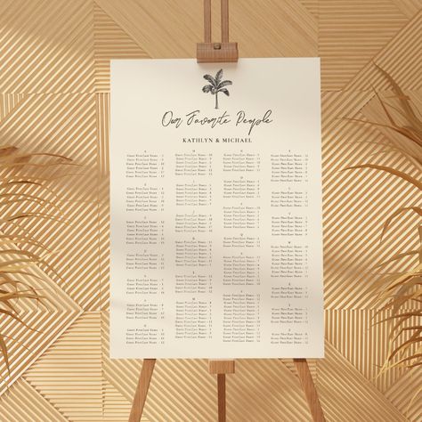 Palm Tree Minimalist, Alphabetical Seating Chart, Table Seating Chart, Seashell Beach, Ocean Wedding, Shell Beach, Seating Charts, Table Seating, Minimalist Wedding