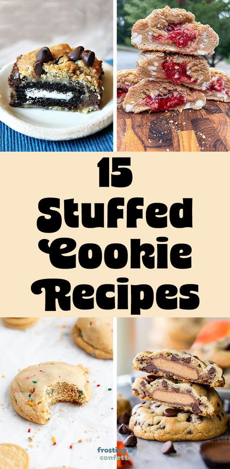 These stuffed cookie recipes are so good. You'll find Oreo stuffed cookies, Funfetti stuffed cookies, Reeses cup stuffed cookies, and fruit stuffed cookies. Stuffed Reeses Cookies, Reeses Stuffed Cookie, King Arthur Cookies, Crazy Cookies Recipes, Cookies In Bulk, Reese Stuffed Cookies, Candy Stuffed Cookies, Cookie Swap Cookie Ideas, Snickers Stuffed Cookies