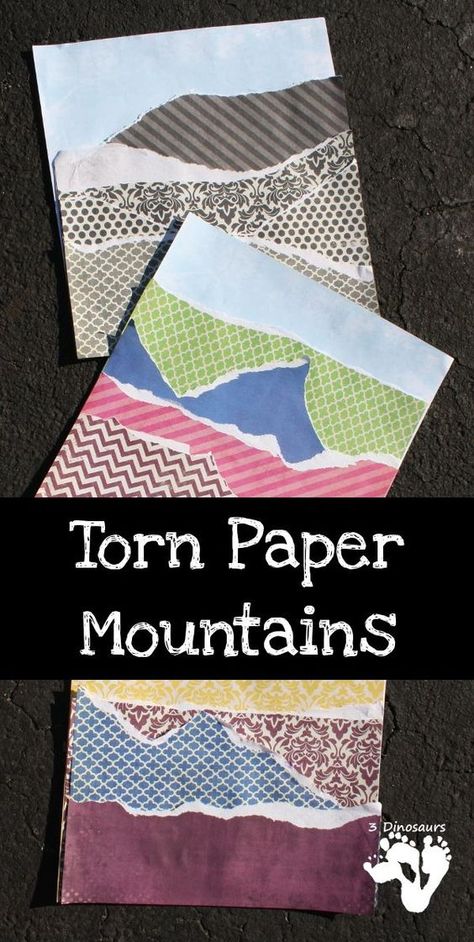 Torn Paper Mountains - fun paper craft for kids to do - 3Dinosaurs.com Mountain Crafts For Kids, Geology Homeschool, Paper Mountains, Land Forms, Mountain Crafts, Recycling For Kids, Paper Craft For Kids, American Landmarks, 3 Dinosaurs