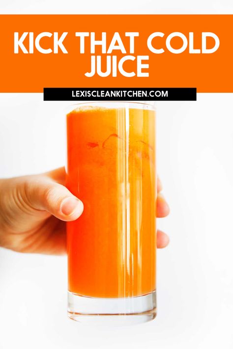 A glass of orange juice made from oranges, lemon, carrots and ginger. Juices For A Cold, Cough Juice Recipe, Juice Recipes For Sickness, Juicing When Sick, Juicing For A Cold, Juice For Cold And Cough, Juice For Colds Sore Throat, Vitamin C Boost Juice, Juicing For Sinus Congestion