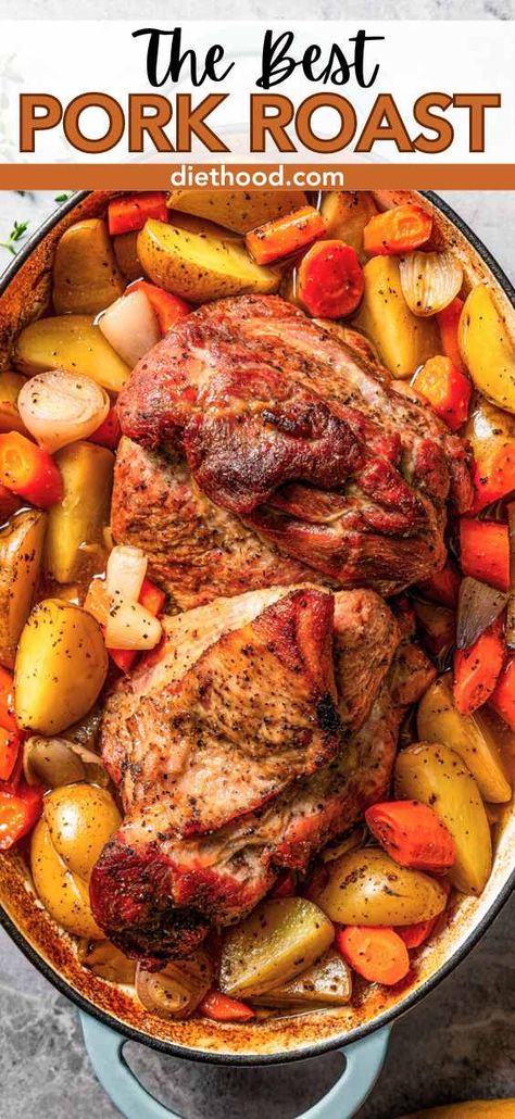 This pork roast recipe is an all-in-one meal! Juicy pork shoulder is seasoned with fresh citrus and herbs, then slow-roasted with carrots, potatoes, and onions all in the same pan. It turns out so tender and flavorful! Pork Round Roast Recipes, Pork Roast In The Oven, Fresh Pork Recipes, Pork Roast Dinner Ideas, Best Pork Roast, Boneless Sirloin Pork Roast, Pork Roast And Sweet Potatoes, Pork Roast Crock Pot Recipes With Potatoes And Carrots, Pork Prime Roast Boneless