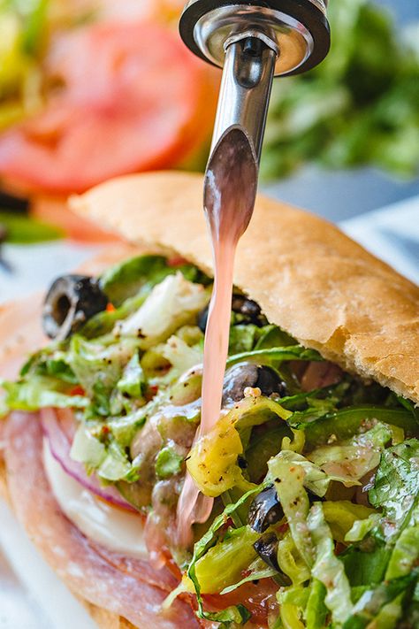 Classic Italian Sub Sandwich | thecozyapron.com Tortellini Pesto, Italian Sub Sandwich, Spicy Sandwich, Sub Sandwich, Roast Beef Sandwich, Genoa Salami, Italian Sub, Italian Sandwich, Red Wine Vinaigrette