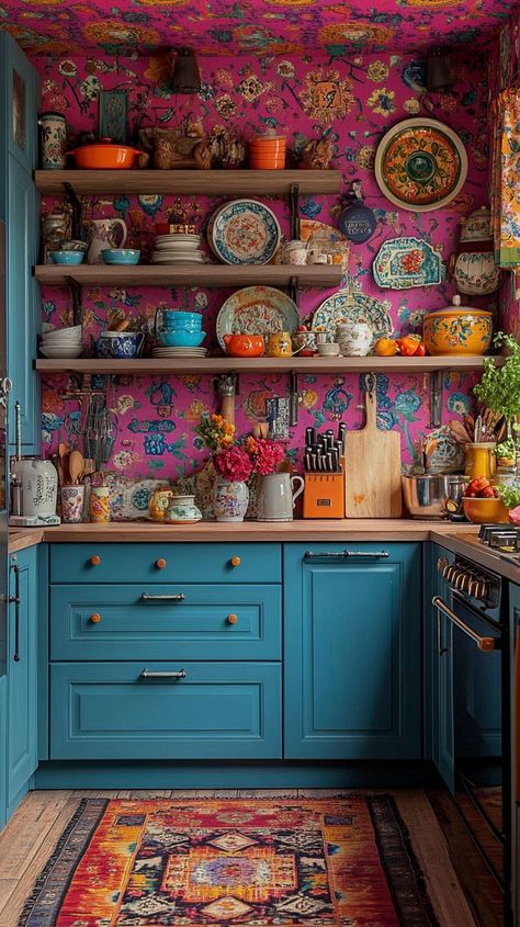 This maximalist kitchen is a visual wonderland brimming with colorful charm. A vibrant mix of reds, yellows, and teal hues set the tone, while whimsical vintage-patterned wallpaper adds a playful touch. Every surface is adorned with quirky collectibles, from porcelain cats to novelty salt shakers, creating a curated chaos that feels both cozy and exciting. Antique shelves lined with eclectic items add layers of kitsch, making this space a joyful, personality-filled retreat Funky Kitchen Ideas, Colorful Eclectic Kitchen, Porcelain Cats, Maximalist Kitchen, Funky Kitchen, Antique Shelves, Patterned Wallpaper, Salt Shakers, Dining Inspiration