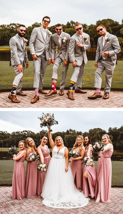 Rose Bridesmaid Dresses With Groomsmen, Gray And Pink Groomsmen Attire, Pink Bridesmaid Suit, Grey And Pink Groomsmen Suits, Blush Wedding Party Groomsmen, Pale Pink Groomsmen, Groomsmen With Pink Bridesmaid, Tan Groomsmen Suits With Pink Bridesmaids, Pink Wedding Bridal Party