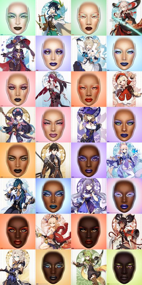 By @rachelcfacecharts. Venti, Kaedehara Kazuha, Mona Megistus, Barbara Pegg, Rosaria, Klee, Yun Jin, Lisa Minci, Zhongli, Sangonomiya Kokomi, Kaeya Alberich, Keqing, Yoimiya Naganohara, Xinyan, Albedo and Collei from Genshin Impact inspired makeup face charts. Mona Makeup Genshin, Genshin Inspired Makeup, Venti Makeup, Kokomi Makeup, Genshin Impact Makeup, Barbara Pegg, Face Chart Makeup, Lisa Minci, Mona Megistus