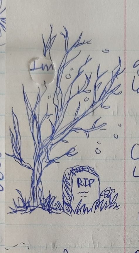 Grave stone, tree in winter, ball point pen sketch, classroom doodles, J.A. Grave Doodle, Grave Stone Drawing, Grave Sketch, Sketch Classroom, Grave Drawing, Classroom Doodles, Tree In Winter, Grave Stone, Winter Ball