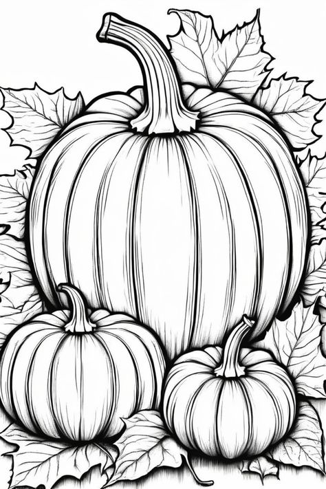 Three pumpkins surrounded by leaves in a detailed black and white illustration. Gourd Patterns Free Printable, Pumpkin Coloring Ideas, Pumpkin Outline Printable, Pumpkin Coloring Pages For Kids, Free Fall Coloring Pages, Pumpkin Coloring Sheet, Simple Outlines, Fall Coloring Sheets, Pumpkin Coloring