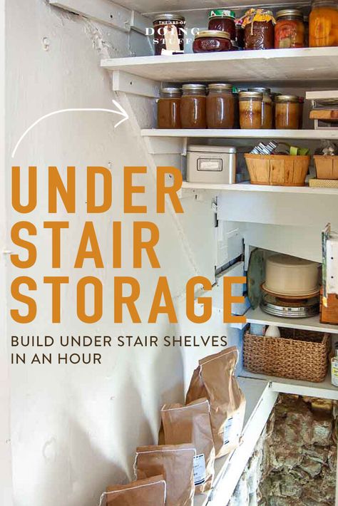 How To Build Shelves Under Stairs, Back Of Stairs Storage, Closet Above Basement Stairs Storage Spaces, Shelves Under Basement Stairs, Basement Staircase Storage, Step Storage Ideas, Space Under Stairs Ideas Creative Closet, Underneath Basement Stairs Ideas, Storage Under Basement Stairs Ideas