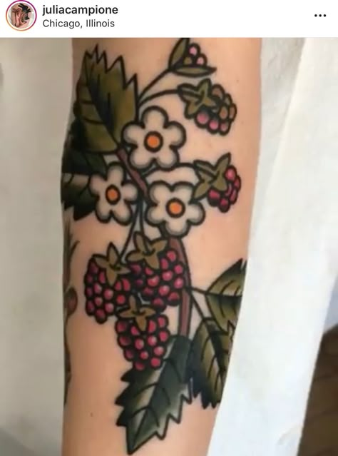 American Traditional Berry Tattoo, Salmonberry Tattoo, Blackberry Tattoo Traditional, Traditional Raspberry Tattoo, Traditional Plant Tattoo, Traditional Mushroom Tattoo, American Traditional Back Piece, American Traditional Flowers, Raspberry Tattoo