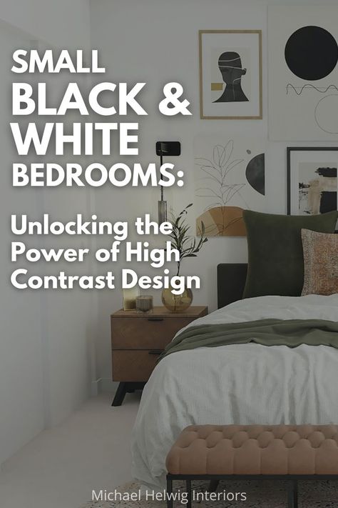 Small bedroom, big style! Maximize your space with high contrast black and white design. Get expert tips on balancing high contrast with lighting, storage, organization, and more for a visually stunning and functional space. Discover practical design solutions for a dynamic and inviting atmosphere in your small bedroom. Accent Color For Black And White Bedroom, Small Bedroom White Walls, High Contrast Bedroom, Black And White Small Bedroom Ideas, Black And White Bedroom Ideas With Color, White Bedroom With Black Accents, White Walls Black Furniture, Bedrooms With Black Furniture, Small Black And White Bedroom