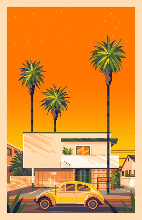 Golden Hour on Behance George Townley, Miyazaki Art, Spoke Art, Los Angeles Art, New Retro Wave, Poster Photo, House Illustration, Architecture Illustration, Poster Retro