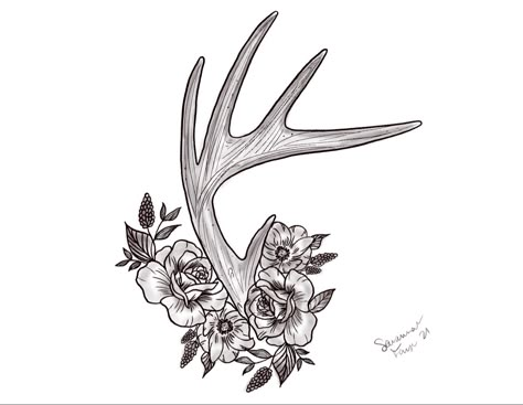 Antlers Flowers Tattoo, Elk Antler Tattoo With Flowers, Tattoo Ideas Deer Antlers, Deer Tattoos For Women Thigh, Antlers With Flowers Drawing, Antler Tattoos For Women With Flowers, Deer Antler Memorial Tattoo, Antler With Roses Tattoo, Antler Wrist Tattoo