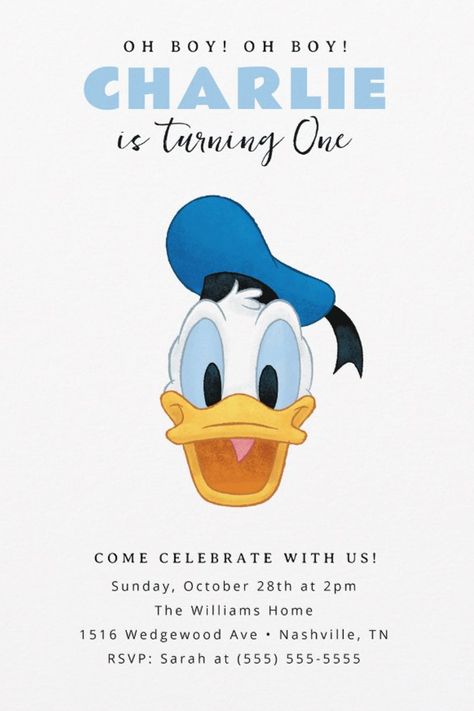 Simple Donald Duck Kids Birthday Invitation
Invite all your family and friends to your child's Birthday with these sweet Donald Duck invitations. Personalize by adding all your party details! Donald Duck Birthday Invitations, Donald Duck Birthday Theme, Donald Duck Party Decorations, Donald Duck Birthday Party, Donald Duck Birthday, Duck Birthday Theme, Donald Duck Party, Duck Party, Kids Birthday Invitation